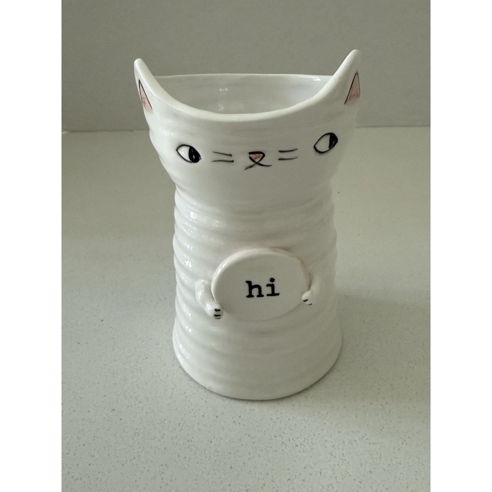 Cat White Planter Vase Ceramic Holding Hi Sign NEW‎ 6"